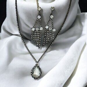 VTG Gothic Victorian Clear‎ Rhinestone Teardrop Necklace Chandelier Earrings Set